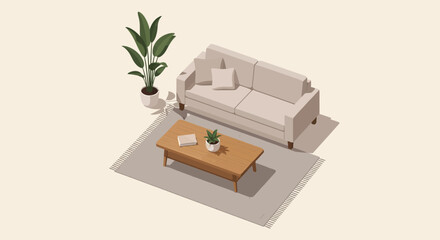 Fototapeta premium Cozy Living Room Scene: Sofa, Coffee Table, and Potted Plant in Isometric View