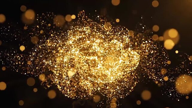 Golden particles burst in a dark room with a spotlight shining through