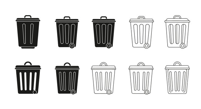 Collection of Trash Cans and Bins Icons, Silhouette and Outline Styles