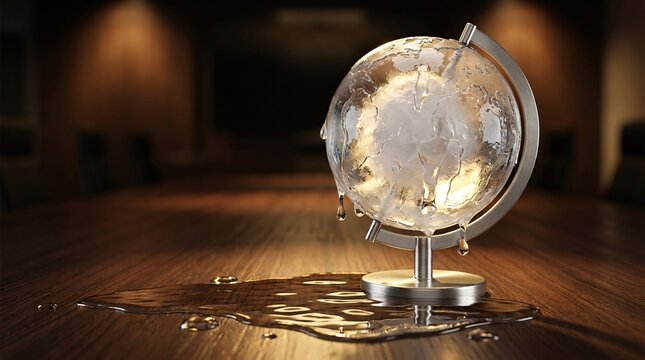 Melting ice globe forming a water puddle on a wooden boardroom table, illustrating severe global warming, climate crisis, and urgent environmental threat