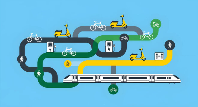 Modern urban transport network connecting trains, bikes, scooters, and pedestrians with charging stations.