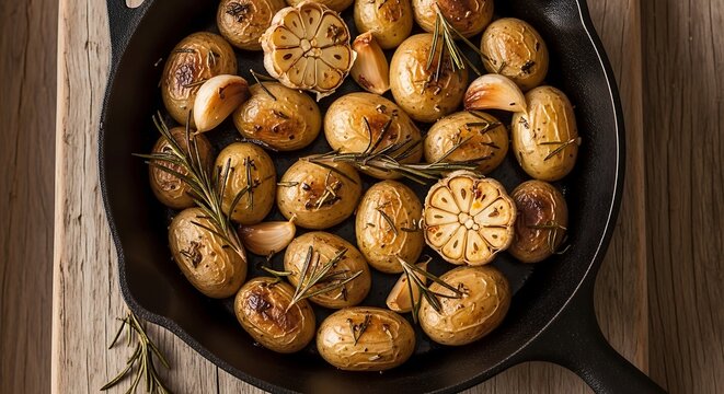 Roasted baby potatoes with fresh aromatic rosemary and whole garlic cloves cooked perfectly in a dark rustic iron frying pan
