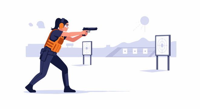 Woman with handgun practicing at outdoor target range, wearing protective gear