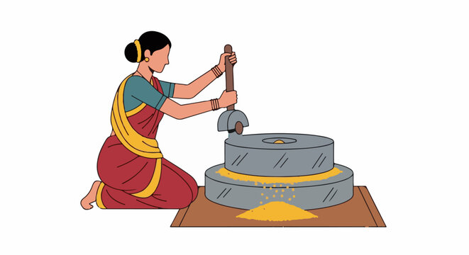 Woman in traditional attire operating a stone grinding mill to process grain