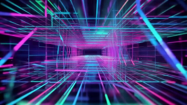 Neon Cyberpunk Wireframe Grid Tunnel Animation