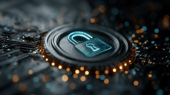 AI-powered technology safety interface with holographic locks, glowing digital nodes, flowing encrypted networks, and predictive analytics representing intelligent system 

