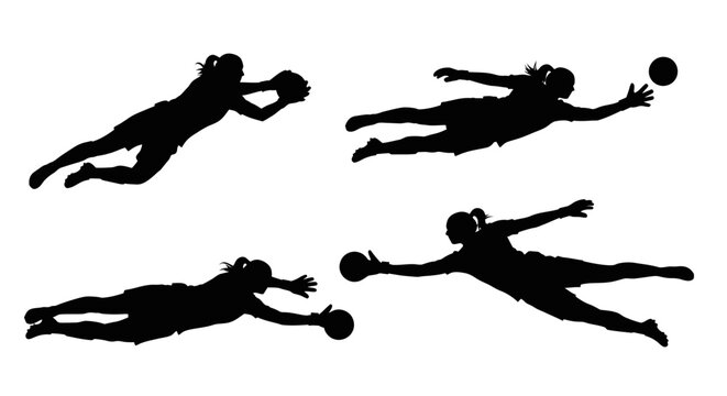 Female Handball Player or Goalkeeper Jumping and Diving Silhouette Set, Vector Illustration