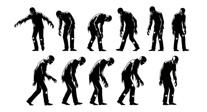 Vector illustration of scary zombie silhouettes set in various walking and creeping poses for Halloween