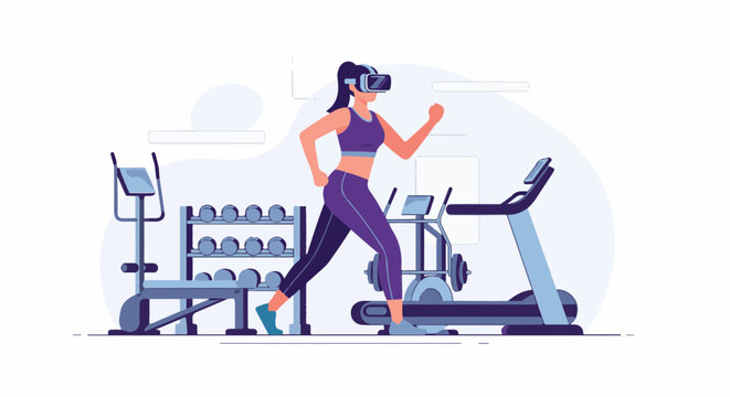 Woman running on treadmill wearing VR headset in a gym