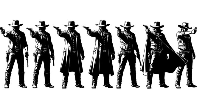 Vector illustration of cowboy silhouettes set aiming guns in wild west outlaw poses