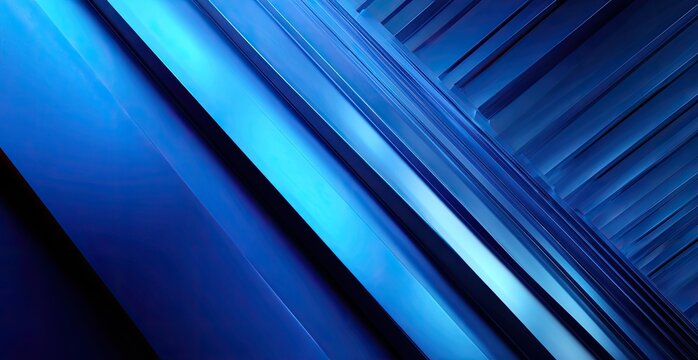 Abstract blue metallic geometric forms with diagonal light streaks and shadow depth