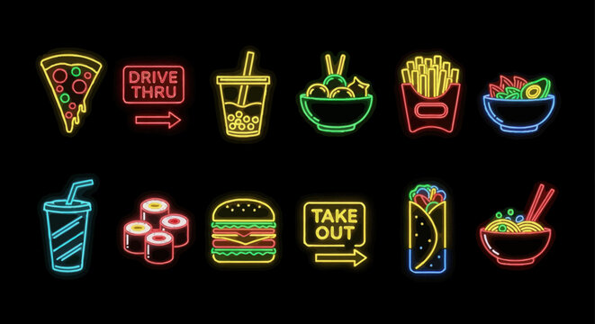 Fast Food Neon Sign Icon Set for Drive Thru and Take Out, Vector Illustration