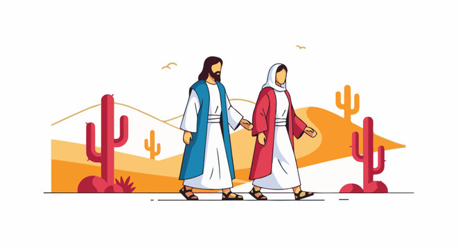 Two figures walk hand-in-hand across a desert landscape with cacti