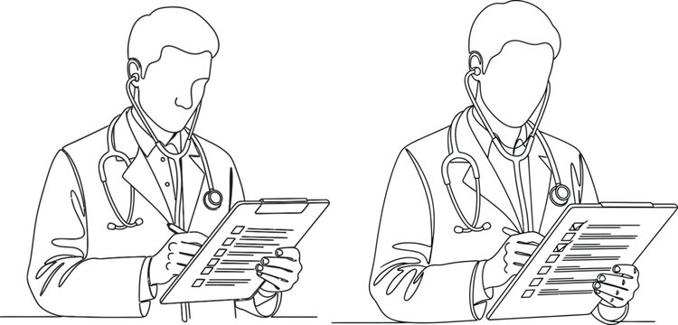 Two doctors in line art style looking at clipboard and writing notes in medical records