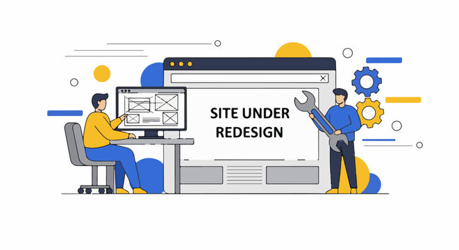 Two people working on a website redesign with tools and gears