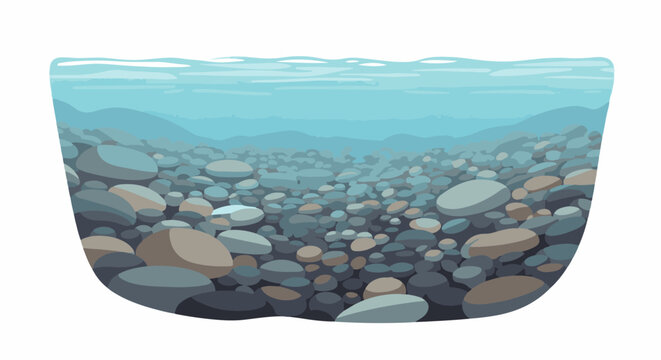 Underwater view of a riverbed with smooth stones and distant hills