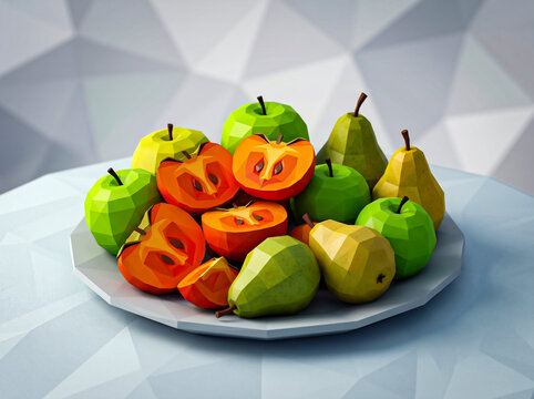 Low Poly Fruit Arrangement of Persimmons Apples and Pears on Plate