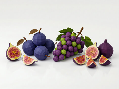 Geometric Low Poly Fruits with Figs Plums and Purple Grapes