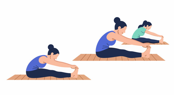 Two women practicing seated forward bend yoga poses on mats