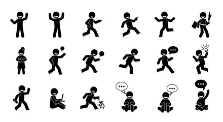 Fototapeta premium Stick Figure Icon Set: Diverse Actions, Poses, and Concepts