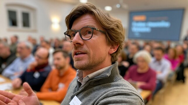 Ein Mann mit Brille sitzt in einem voll besetzten Veranstaltungssaal und h&ouml;rt aufmerksam zu.