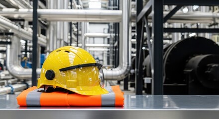 Fototapeta premium Protective helmets and reflective vests are seen within a massive industrial complex featuring pipelines, steel structures and heavy machines, workspace, factory, environment