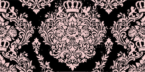 Vintage victorian damask seamless pattern with black and white floral ornament and baroque swirl vector illustration for elegant wallpaper decor © SUMAYAAKTER