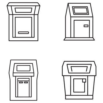Four different designs of automated teller machines with various screen and button layouts  isolated on white background