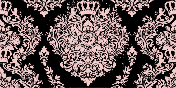 Vintage victorian damask seamless pattern with black and white floral ornament and baroque swirl vector illustration for elegant wallpaper decor
