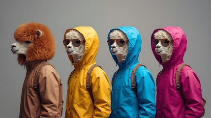 Fototapeta premium Group of trendy llamas wearing colorful raincoats, sunglasses, and backpacks, standing in a row on a gray background, fashion animal photography.