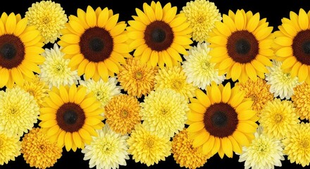 Fototapeta premium Seamless pattern featuring bright yellow sunflowers and chrysanthemums set against a solid black background, creating a bold floral texture, pattern, texture, blossom