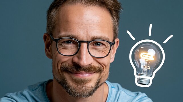 Ein l&auml;chelnder Mann mit Brille und einer gezeichneten Gl&uuml;hbirne neben seinem Kopf auf blauem Hintergrund.