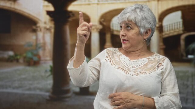 Woman pointing finger, hand on chest, speaking, wearing white lace blouse and hoop earring in a historic building courtyard; curiosity memory.