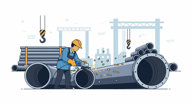 Worker grinds metal pipes at industrial site with cranes