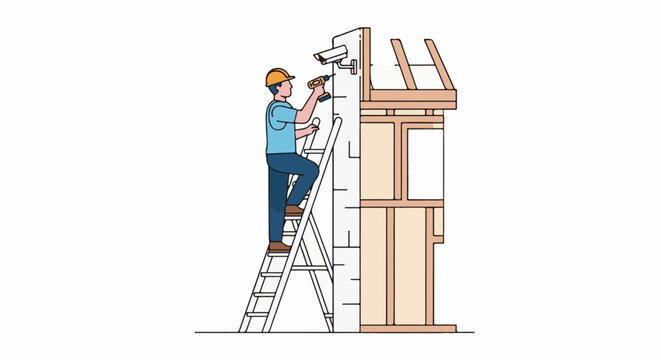 Worker installing security camera on building under construction