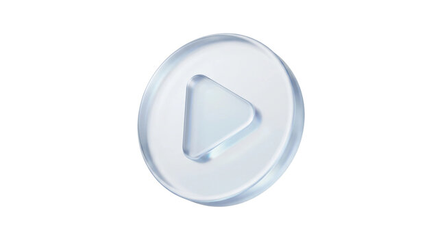 Glassmorphism play button icon, 3D frosted glass video player symbol, translucent crystal media control element for web and app interface design isolated on Transparent Background