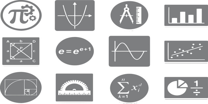 Mathematical Icons and Elements: A captivating array of mathematical icons and elements, showcasing the beauty and complexity of mathematics, including pi symbol, graphs, geometric shapes, equations.