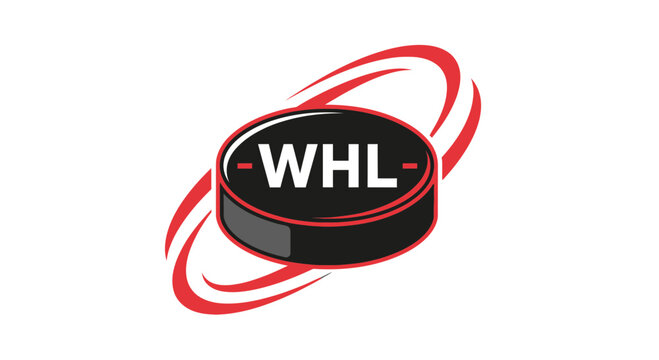 WHL Hockey Puck Sport Logo Design With Red Swirls And White Background