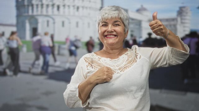 Woman giving thumbs up with hand on chest in front of building, smiling broadly amid a crowded tourist scene; travel joy.