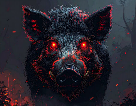 Menacing wild boar with glowing red eyes in dark forest