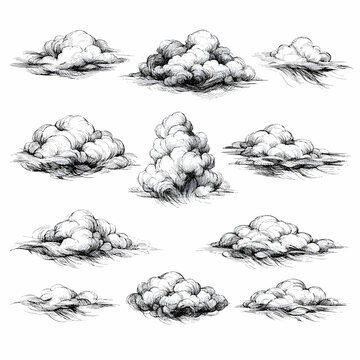 Vintage hand drawn engraved cloud sketches with crosshatch shading on white background set.
