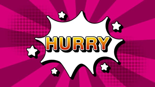 Hurry text word lettering popup comic cartoon reveal with bomb and smoke explosion manga anime book page dots with radial speed lines doodle pink background with seamless loop animation retro