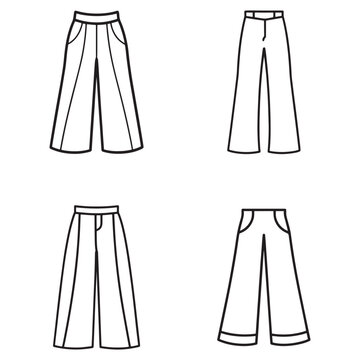 Four different styles of pants with various cuts and waistbands  wide leg  straight leg  fashion designs  clothing illustrations