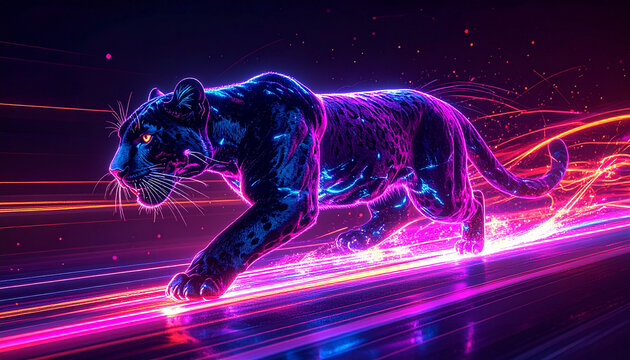 Neon panther running on colorful light trails