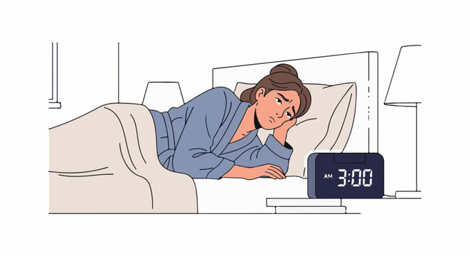 Woman awake in bed at 3 AM, looking worried