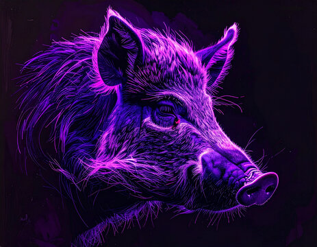 Neon purple wild boar portrait illustrative style
