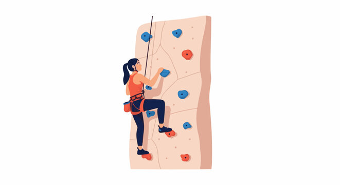 Woman climbing artificial wall with colorful grips