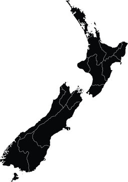 Map of New Zealand with Administrative Regions Silhouette Editable Illustration Vector.
