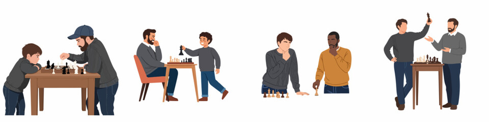 Illustrative set of diverse people playing chess, featuring fathers teaching sons and friends engaging in a strategic board game. © Muqodimatul
