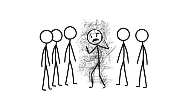 Person Feeling Anxious and Overwhelmed in a Crowd Concept. A messy scribble, looking worried among a group of people. Represents social anxiety, introversion, panic attack, and feeling lost in society
